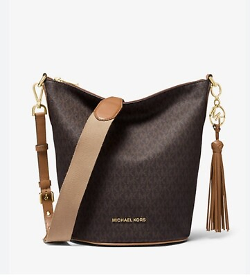 #ad MICHAEL KORS Jacquard Leather Bucket Bag Brooke Med All Over Logo Pebbled Zip