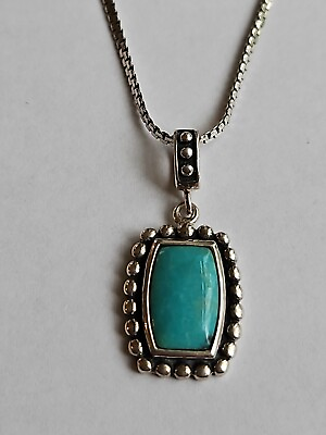 #ad Sterling Silver And Turquoise Rectangular Pendant With 18quot; Chain VINTAGE