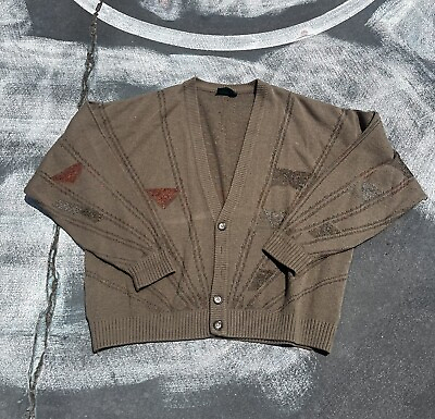 #ad Vintage De Basso Cardigan Sweater Made In USA Brown 90s Art Grandpa Geometric