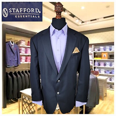 #ad 52R Mens Stafford Bigamp;Tall Blazer Logo Button Navy Blue Jacket Sport Suit Coat