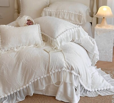 #ad French Style Carved Floral Lace Ruffle Velvet White Duvet Cover Set Bedding Set