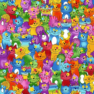 #ad Fabric Crazy Cats Rainbow Bright Packed on White Flannel 1 4 Yd 446321