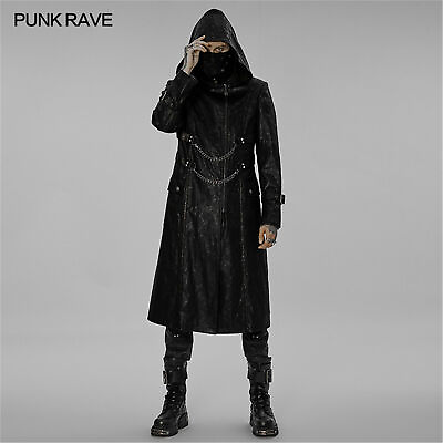 #ad Punk Rave Metal Chain Zippered Overcoat Stand Collar Asymmetrical Hooded Jacket