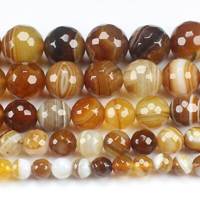 #ad Agates Round Bead Faceted Amber Color Stripe Beads DIY Bracelet Jewelry 4 14mm