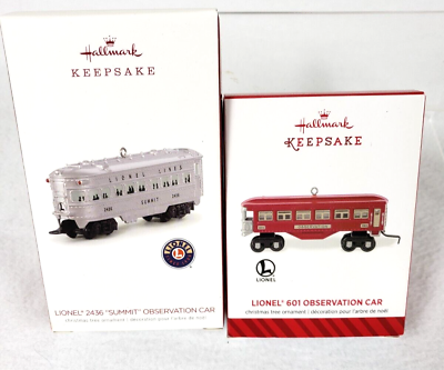#ad 2 HALLMARK Lionel observation train cars w box 2014 18 #601 #2436 ornaments