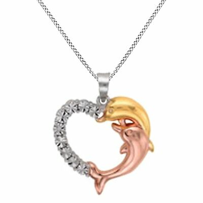 #ad Dolphin Pendant Tri Color Diamond Accent 14Kt Gold Plated w 18quot;Link Chain