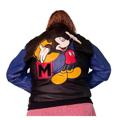 #ad Mickey Mouse Disney Leather Jacket 90s Vintage Mens Large black blue red yellow