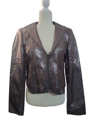 #ad TL Tiffany Lawrence GIGI Leather Women#x27;s Jacket Pearlized Gunmetal Metallic Sz L