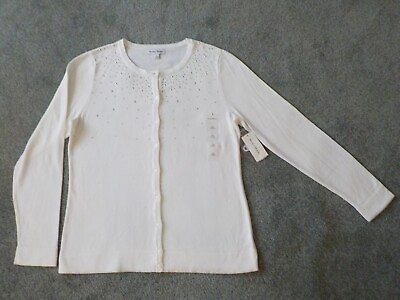 #ad Misses Embellished Long Sleeve Cardigan Sweater Cotton Blend Ivory Gold Sm.