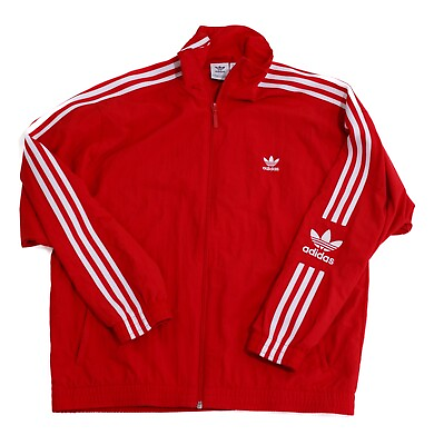 #ad Adidas Red Windbreaker Medium Zip Logo Three White Stripes Jacket