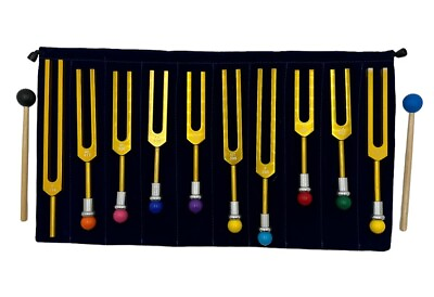 #ad 9 Piece Secret Solfeggio Gold Tuning Fork Set with Heart Om and Removable Beads