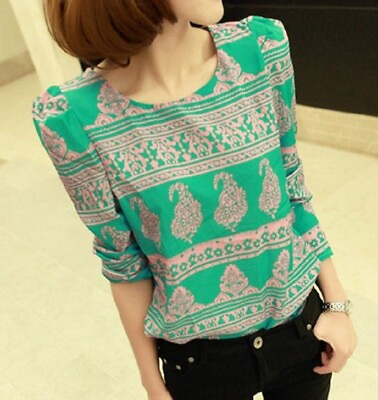 #ad Womens O Neck Long Sleeve T shirt Printed Casual Blouse Lady’s Thin Tops Green