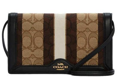 #ad New COACH Signature Jacquard Stripe Crossbody Phone Wallet Bag Clutch Brown