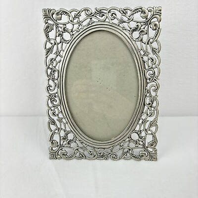 #ad Pewter Silver Metal Oval Ornate Picture Photo Frame Filigree Style w Glass 5x7