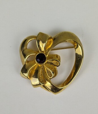#ad Avon Heart Brooch Gold Tone Dark Red Purple Stone Vintage Jewelry Gift Classic