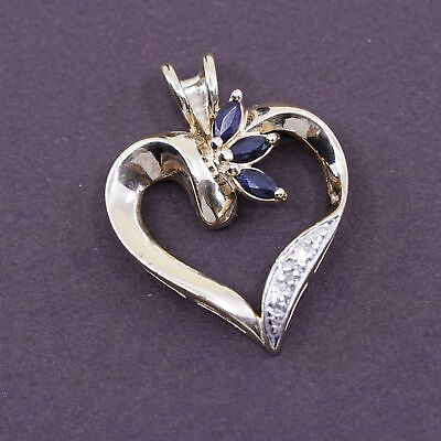 #ad vtg vermeil gold over sterling 925 silver pendant heart w sapphire N diamond