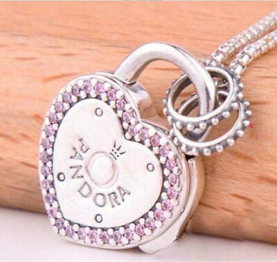 #ad Authentic Pandora Necklace Heart Silver Lock Your Promise Pink 396583FPC 23.6quot;