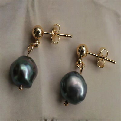 #ad Freshwater 9 10MM gray baroque pearl earrings 18K Crystal Modern Handmade