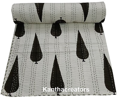 #ad Black Tree Kantha Quilt Pure Cotton Bedspread Indian Blanket Reversible Bedcover