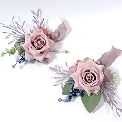 #ad Dusty Light Pink Wrist Corsage Boutonniere Rose Set for Wedding Bride Bridesm...