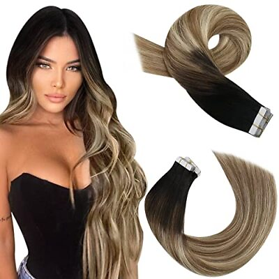 #ad Tape in Hair Extensions Human Hair Ombre Real 24 Inch Pack of 1 #1B 6 22