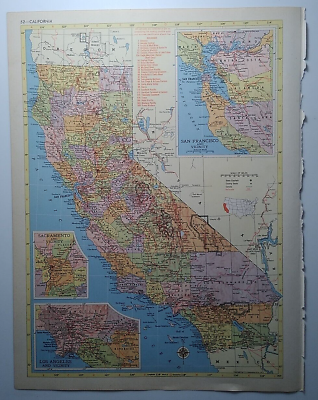 #ad 1955 Antique CALIFORNIA Map Vintage MCM Hammond#x27;s New Supreme World Atlas
