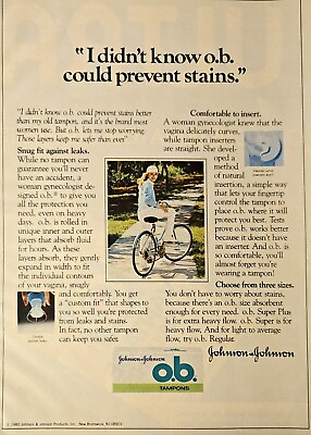 #ad Johnson amp; Johnson OB Tampons Vintage 1980 Print Ad Woman On bicycle No Stains