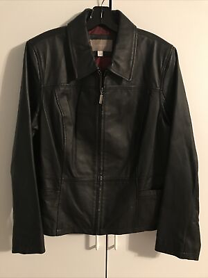 #ad Croft Barrow Womens Black Large Leather Zip Up Jacket M144