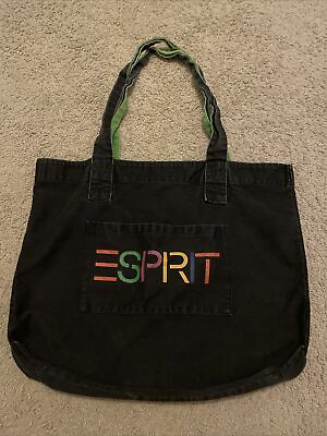 #ad Vintage Esprit Rainbow Logo Canvas Tote Bag Spell out 90’s Green faded Black