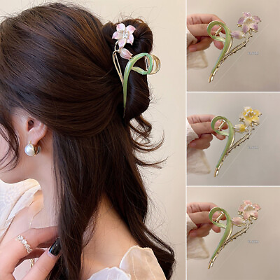 #ad Elegant Women Metal Tulip Hair Claw Hair Accessories Flower Shark Clip Headwear↷