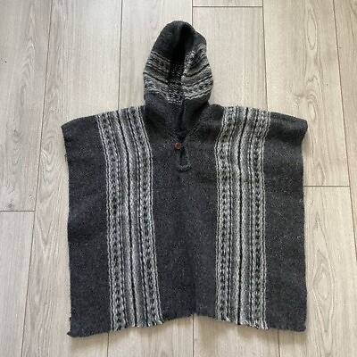 #ad Lama Wool Cape Hooded Poncho Unisex One Size Gray Stripe Handmade