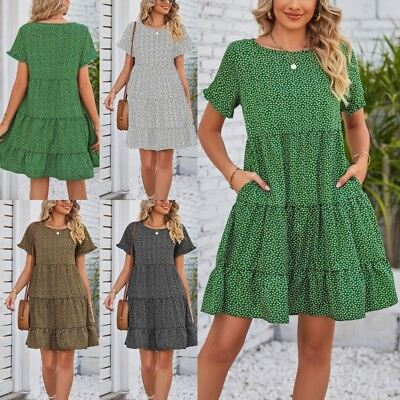 #ad Women Casual Chiffon Mini Dress Holiday Bohemian Short Sleeve Dresses Travel