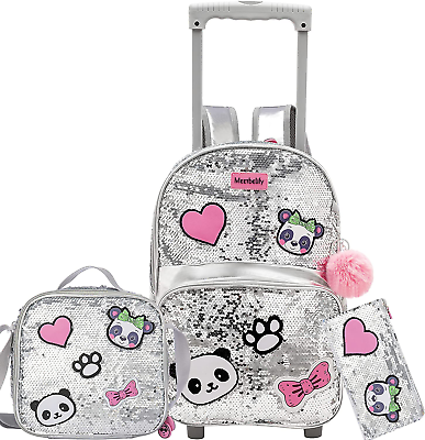 #ad Girls Rolling Backpack Sequin Rolling Backpacks with Wheels for Girls for Elemen