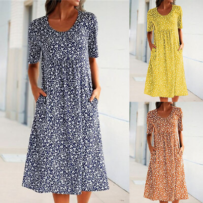 #ad Women Boho V Neck Maxi Dress Ladies Floral Short Sleeve Summer Beach Sundress