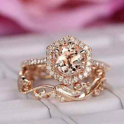 #ad Round Natural Morganite Diamond Bridal Engagement Ring 14K Rose Gold Plated
