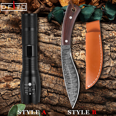 #ad Damascus Pattern Fixed Blade Outdoor Camping Hunting Tactical Knife amp; Flashlight