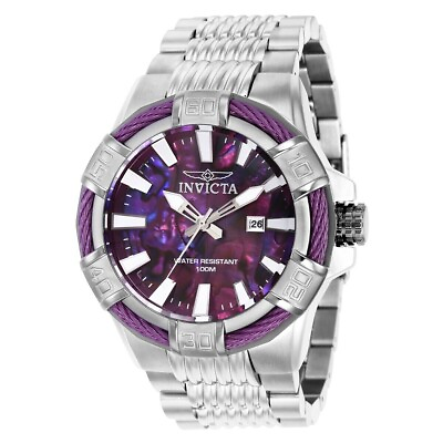 #ad INVICTA BOLT 38397 PURPLE ABALONE DATE DIAL SILVER STAINLESS MENS WATCH
