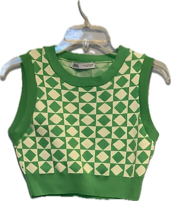 #ad Womens Zara Knit Crop Top Green Geometric Shapes Size Small