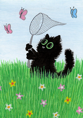 #ad ACEO *Print* of Original Art Black Kitty Cat Kitten amp; Butterflies by Saulite