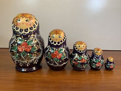#ad Vintage Signed Russian Nesting Doll 5 Piece Set Blonde Girl With Flowers