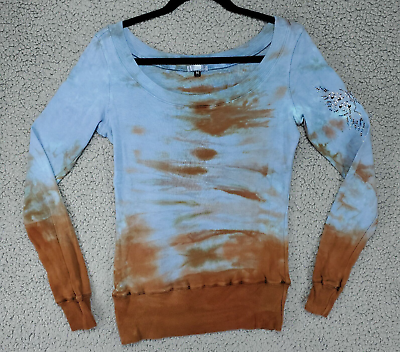 #ad Vintage Tie Dye Scoop Neck Jeweled Arm Made In USA Blue Brown Womens M