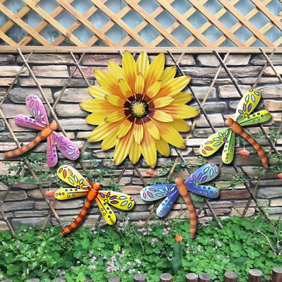 #ad Metal Flowers Outdoor Wall Decor Set of 5 Flower amp; Dragonfly Metal Wall Art for