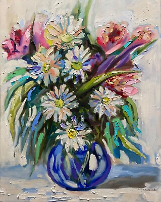#ad Daisies lilies oil painting ORIGINAL art Flower floral Daisy lily artwork 16x20quot;