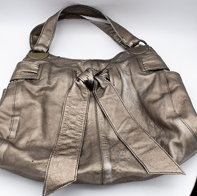 #ad Kooba Leather Handbag Caitlin Hobo Bow Detail Pewter Shoulder Bag