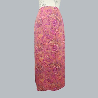 #ad Vintage Paisley Womens Skirt Small Pink Maxi Chiffon