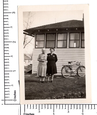 #ad Vintage Photo Bicycle Women House Black and White Photo 8205