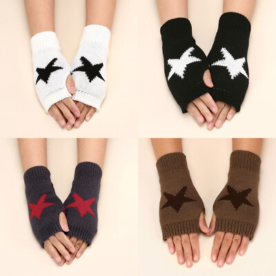 #ad Star Embroidery Unisex Men Woman Winter Warm Fingerless Gloves Half Finger Knit