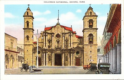 #ad C1940s Havana Cuba Columbus Cathedral Ft Horse amp; Buggy Classic Cars Postcard 625