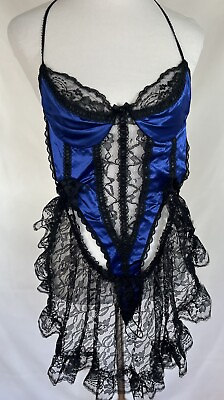 #ad Fredericks Of Hollywood 90s Lingerie Blue Black Lace Bodysuit Teddy Small