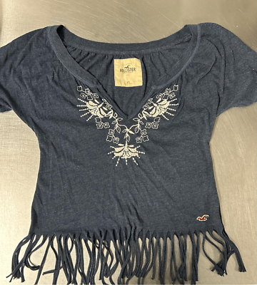 #ad HOLLISTER WOMEN#x27;S Embroidered BLUE TOP WITH FRINGES. Fun top from Hollister in a